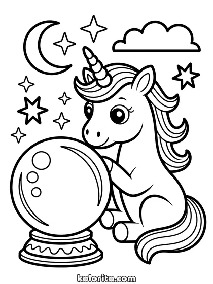 Unicorn met glazen bol kleurplaat: unicorn kijkt in een glazen bol