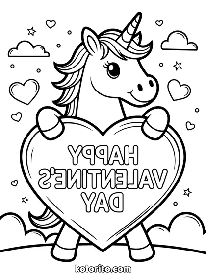 Unicorn met hartje kleurplaat: unicorn met een groot hart, voor valentijn