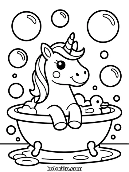 Unicorn in bad kleurplaat: unicorn zit in bad tussen het schuim