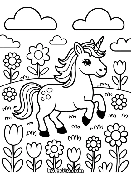 Unicorn in een bloemenveld kleurplaat: unicorn springt door een veld met bloemen