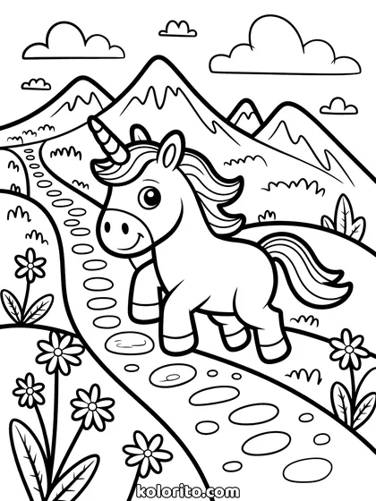 Unicorn in de bergen kleurplaat: unicorn loopt over een bergpad