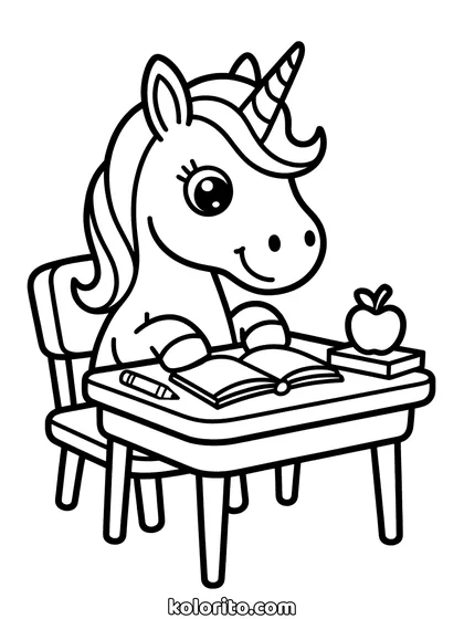 Unicorn in de klas kleurplaat: unicorn leest een boek in de klas