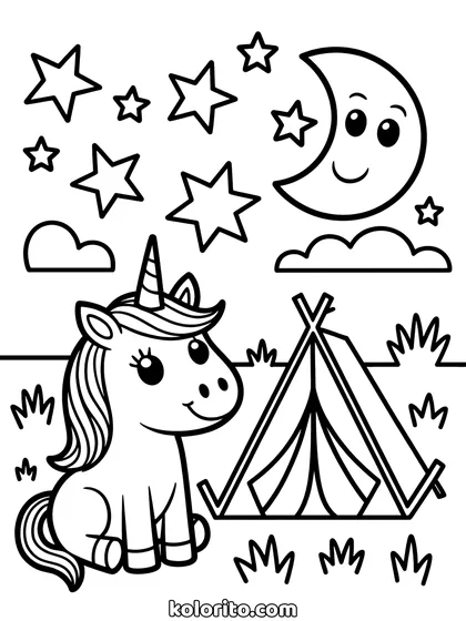 Unicorn op kamp kleurplaat: unicorn slaapt in een tentje onder de sterren