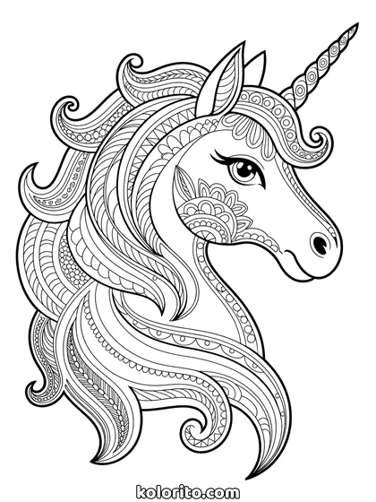 Unicorn mandala kleurplaat: unicorn hoofd in een mandalapatroon