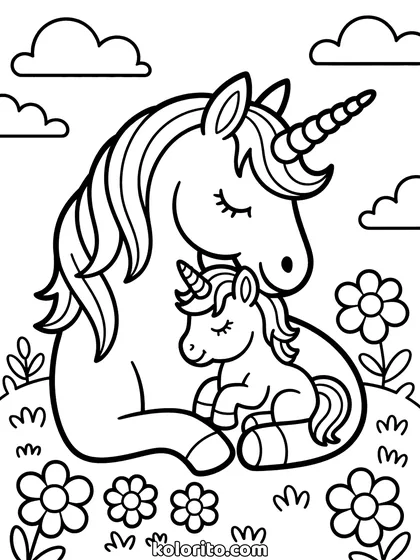 Unicorn met haar veulen kleurplaat: unicorn knuffelt haar veulen
