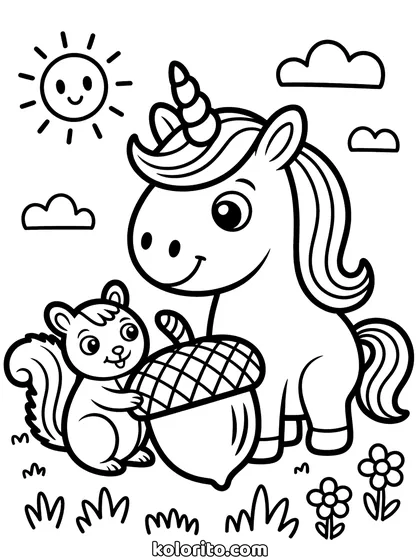 Unicorn met eekhoorn kleurplaat: unicorn deelt een noot met een eekhoorn