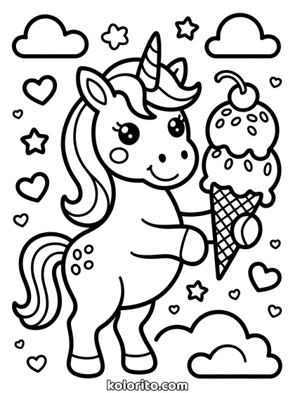 Unicorn met ijsje kleurplaat: unicorn houdt een groot ijsje vast