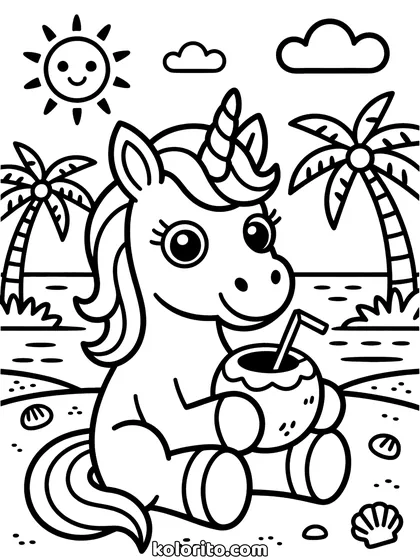 Unicorn op het strand kleurplaat: unicorn drinkt uit een kokosnoot op het strand