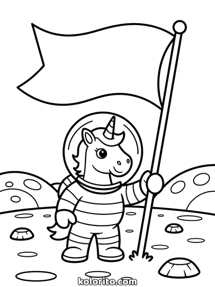 Unicorn op Mars kleurplaat: unicorn plant een vlag op mars