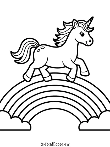 Unicorn op een regenboog kleurplaat: unicorn wandelt over een regenboog