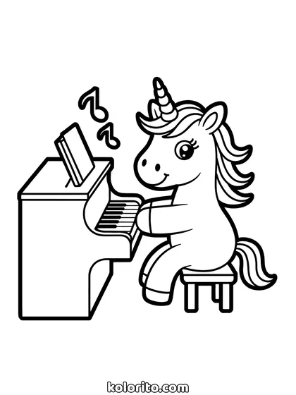 Unicorn achter de piano kleurplaat: unicorn speelt piano met zijn hoeven