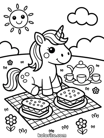 Unicorn op picknick kleurplaat: unicorn geniet buiten van een picknick