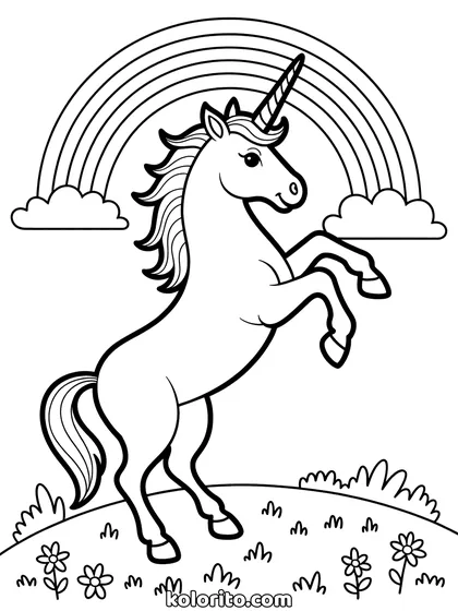 Unicorn met regenboog kleurplaat: steigerend unicorn onder een grote regenboog