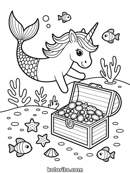 Unicorn vindt een schatkist kleurplaat: unicorn zeemeermin vindt een schatkist onder water