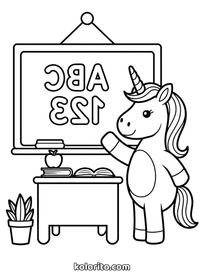 Unicorn bij het schoolbord kleurplaat: unicorn schrijft op een schoolbord