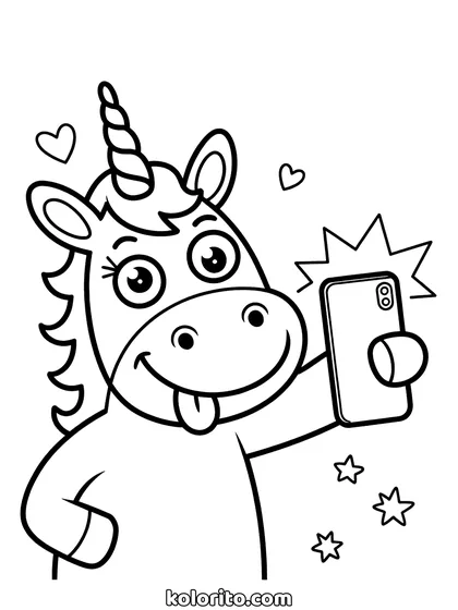 Unicorn maakt een selfie kleurplaat: unicorn maakt een grappige selfie