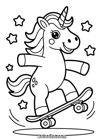 Skateboardende unicorn kleurplaat: unicorn rijdt op een skateboard