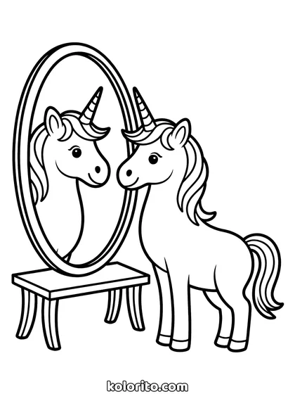 Unicorn voor de spiegel kleurplaat: unicorn bekijkt zichzelf in een spiegel
