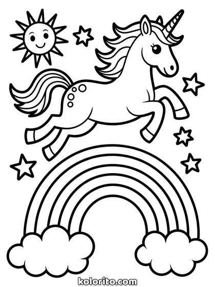 Unicorn springt over de regenboog kleurplaat: unicorn springt over een regenboog heen