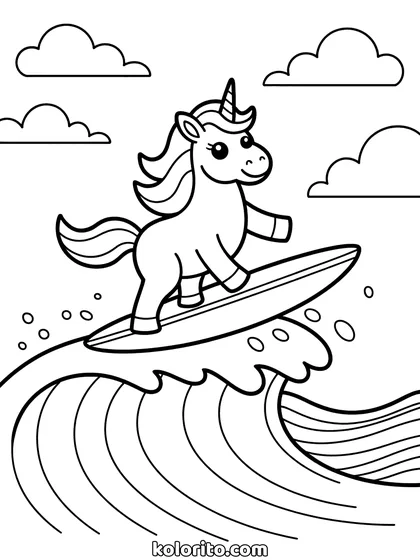 Surfende unicorn kleurplaat: unicorn surft op een golf