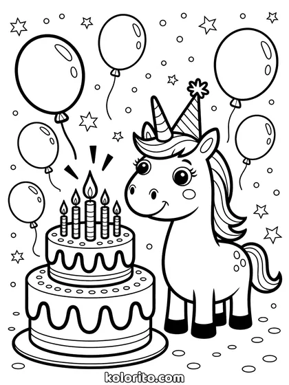 Unicorn verjaardag kleurplaat: unicorn viert feest met een taart en ballonnen