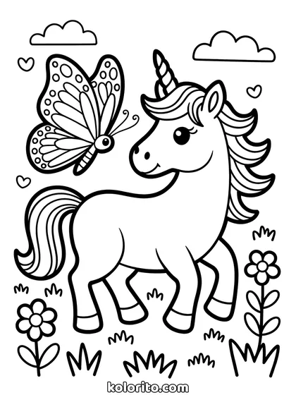 Unicorn met vlinder kleurplaat: unicorn met een vlinder op zijn neus