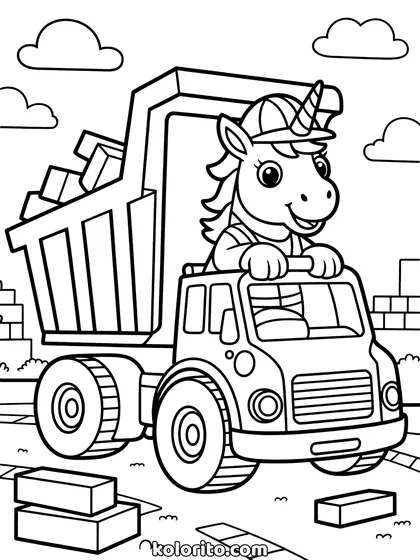 Unicorn met vrachtwagen kleurplaat: unicorn rijdt een grote vrachtwagen