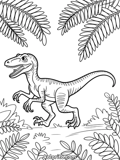 Velociraptor kleurplaat: een Velociraptor rent door een bos vol varens