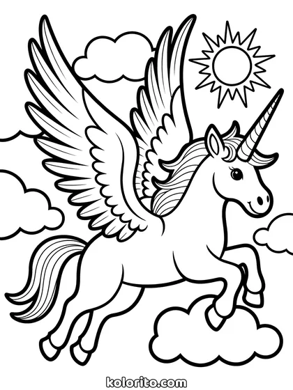 Vliegende unicorn kleurplaat: unicorn met vleugels vliegt hoog in de lucht