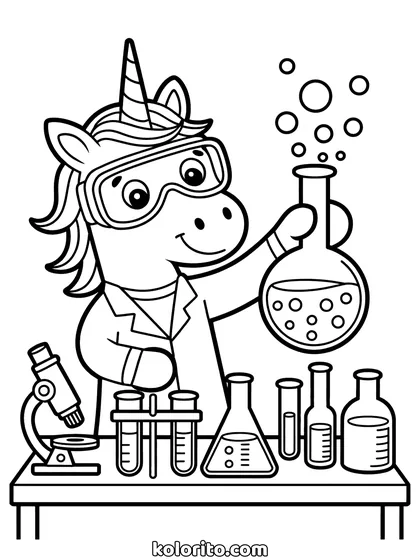 Unicorn als wetenschapper kleurplaat: unicorn als wetenschapper met kolven en buisjes