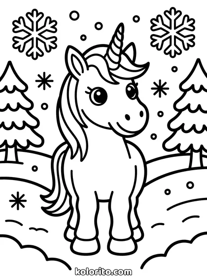 Winter unicorn kleurplaat: unicorn staat in een besneeuwd veld