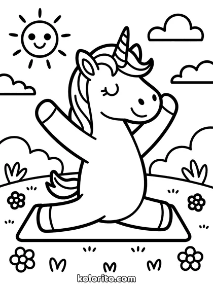 Unicorn doet yoga kleurplaat: unicorn doet yoga op een matje