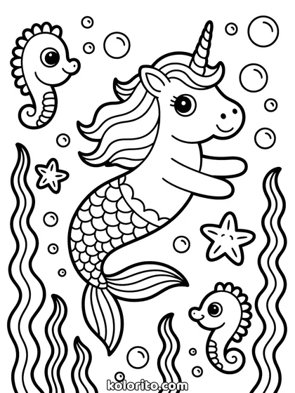 Zeemeermin unicorn kleurplaat: zeemeermin unicorn met een vissenstaart, onder water