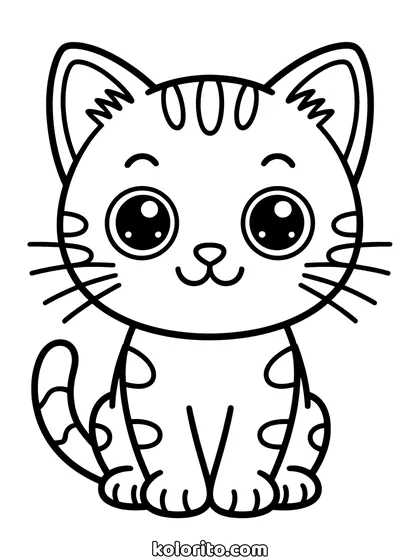 Kawaii kat kleurplaat: een zittend katje met grote ronde ogen en dikke lijnen