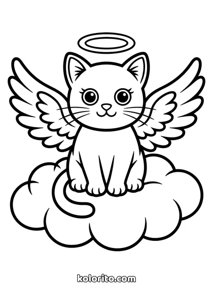 Engel kat kleurplaat: een katje met vleugels en een halo zit op een wolk