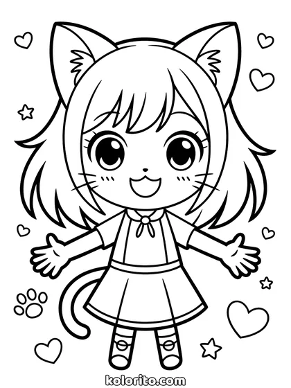 Kat meisje kleurplaat: een meisje met kattenoren en een staart in animestijl