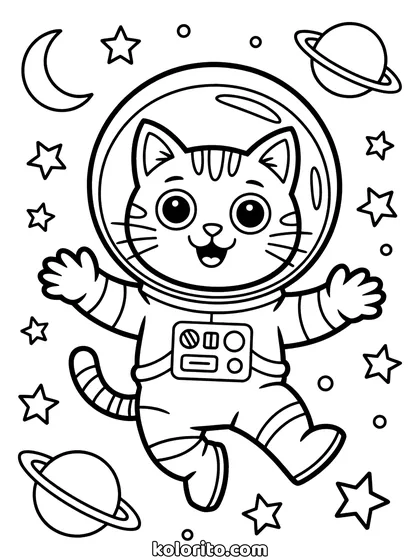 Astronaut kat kleurplaat: een kat in een ruimtepak zweeft tussen sterren en planeten