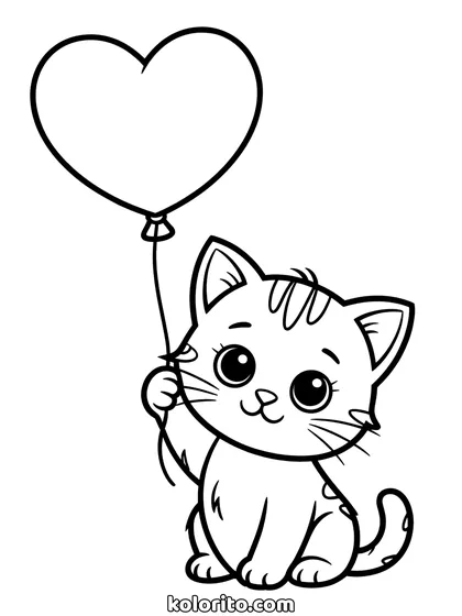 Kat met ballon kleurplaat: een katje houdt een ballon in de vorm van een hart vast