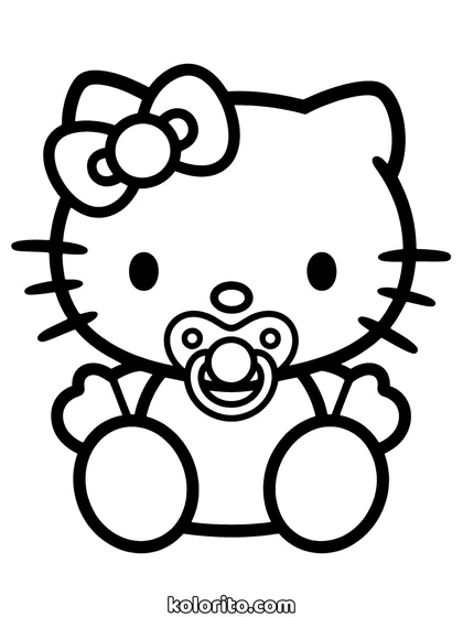 Baby Hello Kitty coloring page: sitting with a pacifier and a rattle