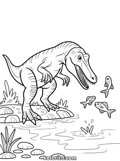 Baryonyx kleurplaat: een Baryonyx grijpt een vis uit het water met zijn klauwen