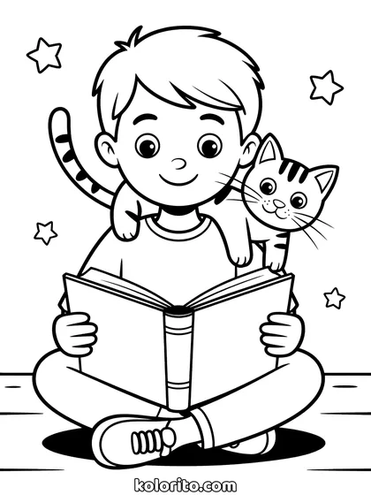 Jongen leest met kat kleurplaat: een jongen leest een boek met een katje op zijn schouder