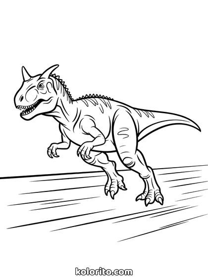 Carnotaurus kleurplaat: een Carnotaurus rent op volle snelheid met zijn hoorns vooruit