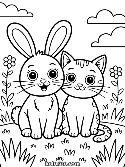 Kat en konijn kleurplaat: een katje en een konijn zitten samen in het gras tussen bloemen