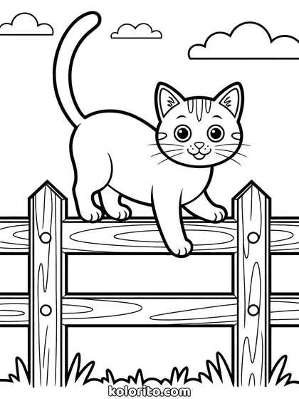 Kat op een hek kleurplaat: een kat balanceert met opgeheven staart over een houten hek