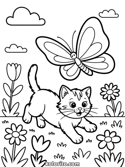 Kat met vlinder kleurplaat: een katje springt achter een vlinder aan in een bloementuin