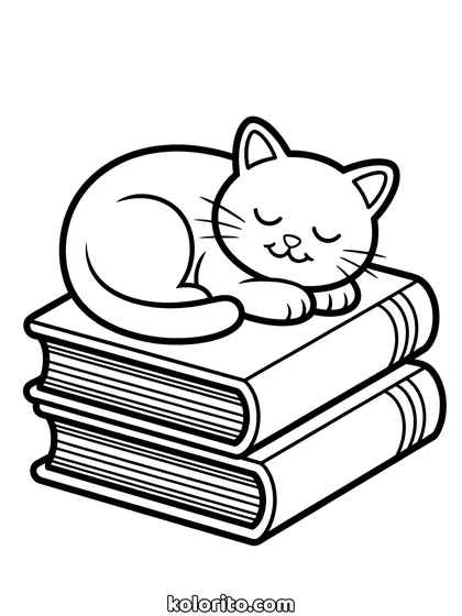 Kat slaapt op boeken kleurplaat: een katje ligt opgerold te slapen op een stapel boeken