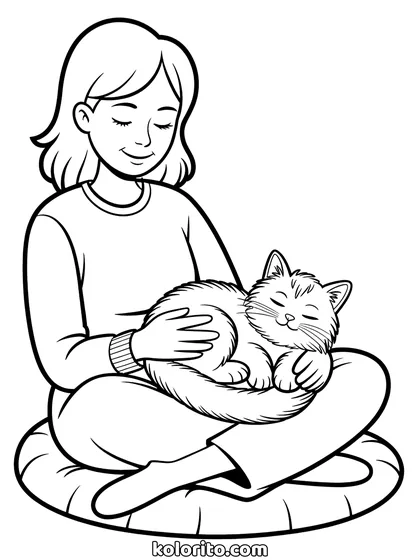 Kat op schoot kleurplaat: een kat ligt te slapen op de schoot van een zittende vrouw
