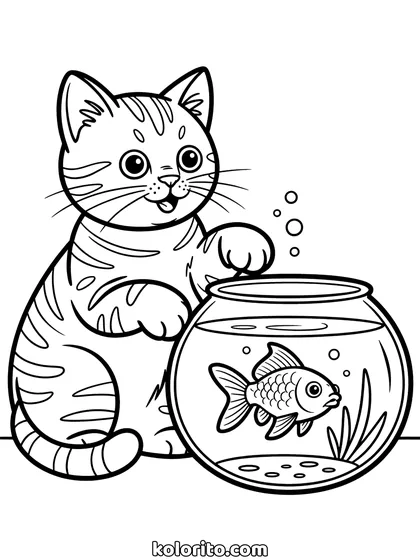 Kat bij een vissenkom kleurplaat: een kat reikt met zijn poot naar een goudvis in een ronde kom