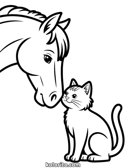 Kat en paard kleurplaat: een kat en een paard raken elkaars neus aan