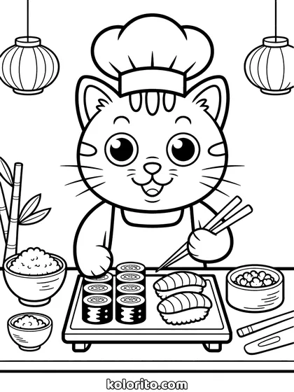 Kok kat kleurplaat: een kat met koksmuts maakt sushi aan een werkbank